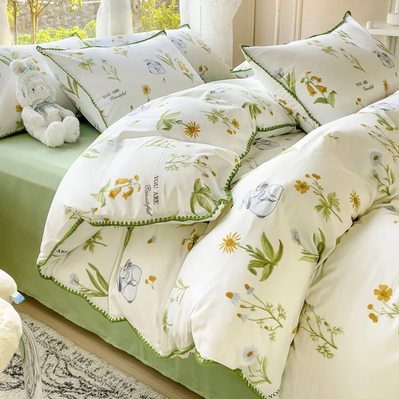 

Pastoral Girls Flower Bedding Sets, Washed Cotton Bed Linens, Soft Quilt Cover Sheet Set, Simple Bedspread, Home Textiles