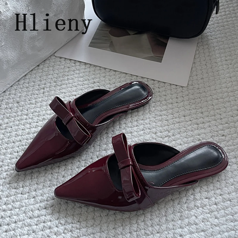 

Liyke Wine Red Butterfly Knot Women Flat Mules Slippers High Quality Cozy Patent Leather Pointed Toe Beach Party Slides Shoes