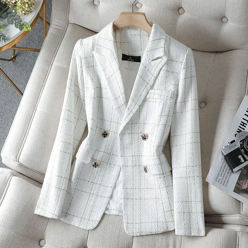 Blazers com seios duplos xadrez para mulheres, roupa casual de lapela, jaqueta simples que combina com tudo, chique para escritório, elegante