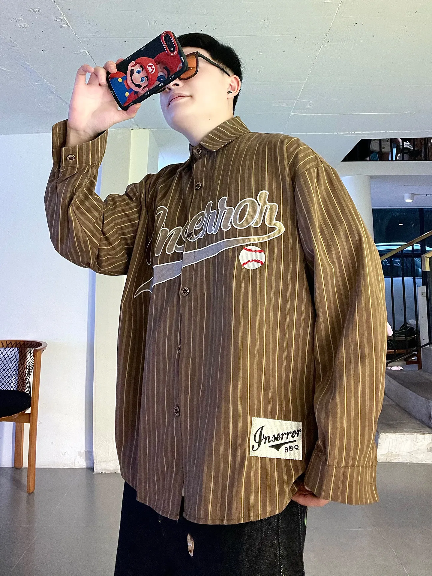 American-style Vertical-striped Embroidered Long-sleeved Shirts For Men And Women, Loose-fitting, Retro Baseball-style Jacket