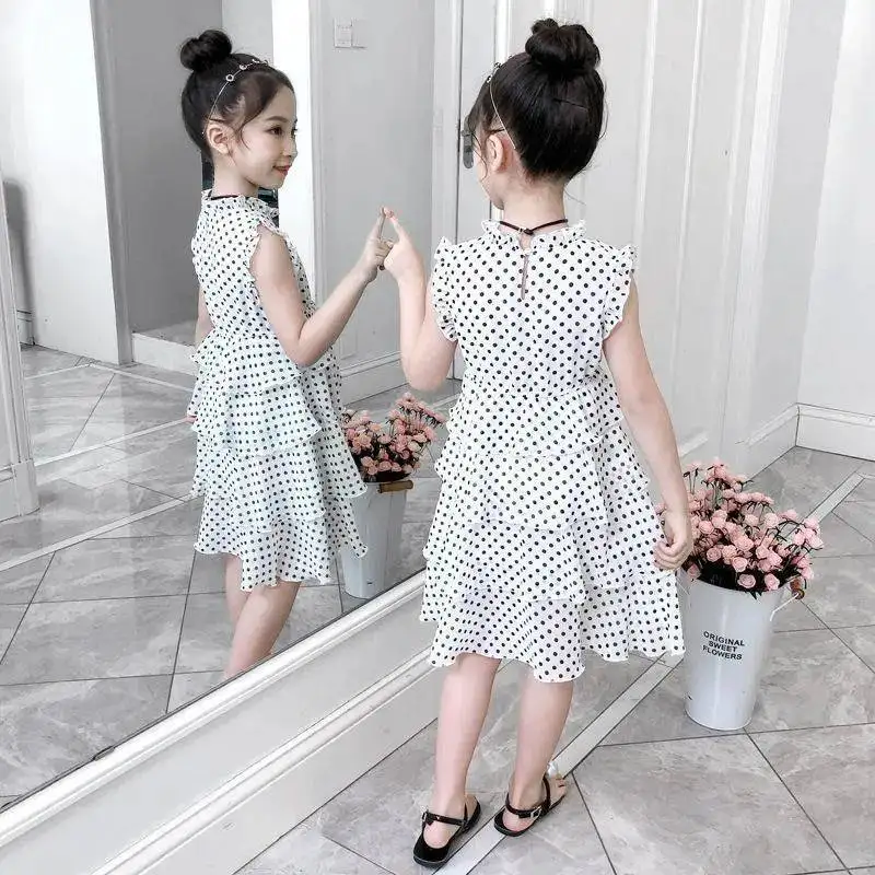 2022 Sleeveless mesh lace Toddler Girl Summer Clothes polka Dot Pleated Dresses Casual Princess  Party for Kids 6 8 9 10 11 year