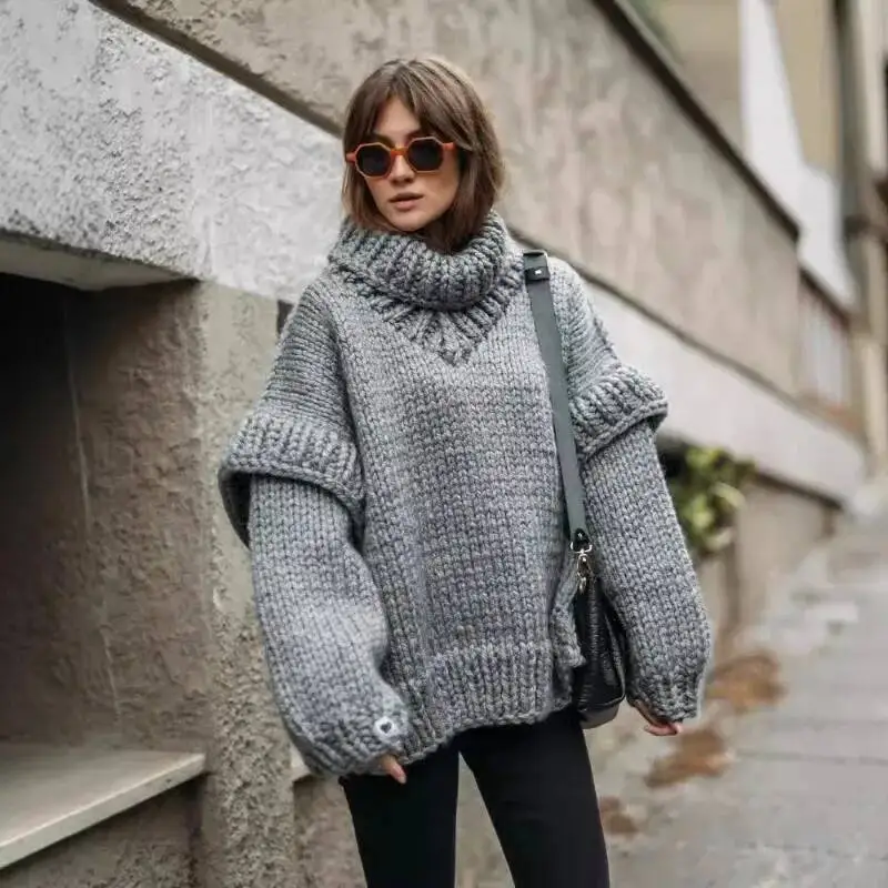 

Women's Clothing Sweaters Knitted Coat Pullover Fluffy Long Sleeves High Neck Wool Oversized Sweater Warm Y2k Clothes Tops