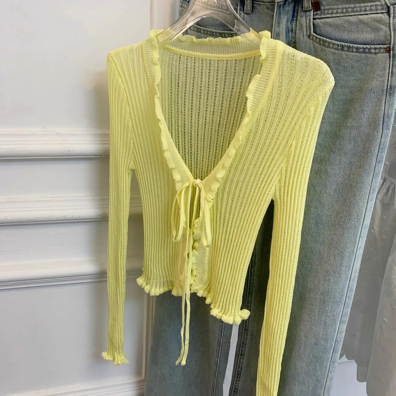 تكدرت تقليم التعادل الجبهة طويلة الأكمام المحاصيل الأعلى المرأة طويلة الأكمام مفتوحة الجبهة مضلع سترة متماسكة سترة الصيف Fairycore الزي