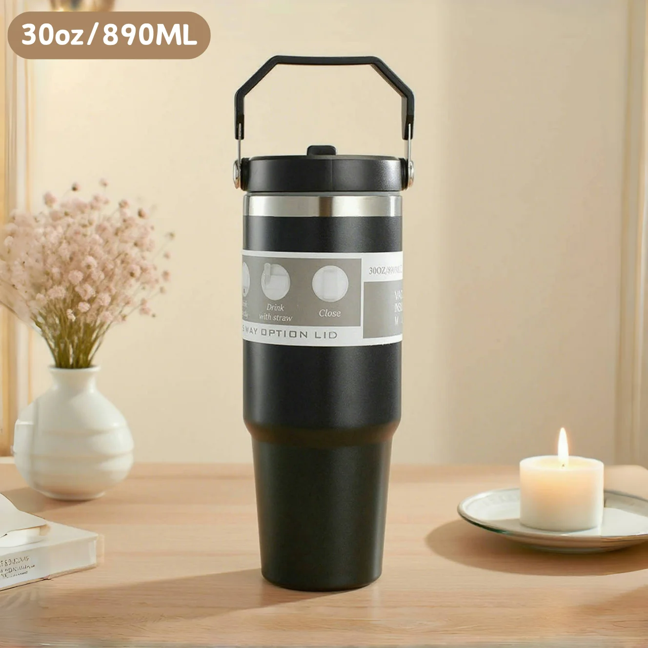 30oz Large Capacity Stainless Steel Thermos Cup with Straw Vacuum Insulated Water Bottle Travel Sports Car Coffee Insulation Cup