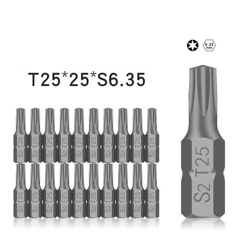 Torx Chave De Fenda Bit Set, Hex Shank, High Torque, 6 Ponto Estrela Cabeça, Não Magnético, Sem Buraco, 25mm Comprimento, 1/4 \