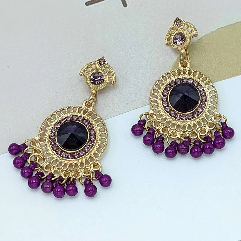 Ethnic Middle Eastern Fashion Indian Earrings Retro Imitation Large Gemstones Tassel Bells Earrings for Women Jhumka Jewelry