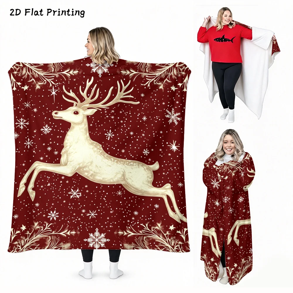 1PC Christmas Reindeer Print Wearable Blanket-Soft and comfortable for both men and women. It is very suitable for daily use, ho