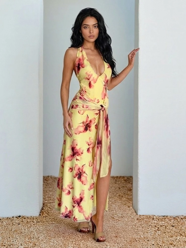 

Tsiisd Summer Print Lace-Up Long Dress Women Beach Style Necklace V-Neck Slim Backless Sleeveless Sexy Beach Women's Dress 2026