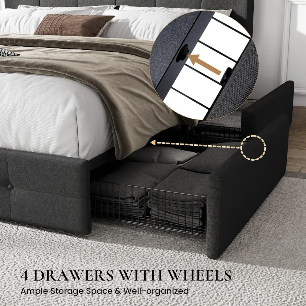 إطار سرير منجد بحجم كوين من CERLIN مع 4 أدراج تخزين، لوح رأسي قابل للتعديل مع زر مخيط مربع Tu