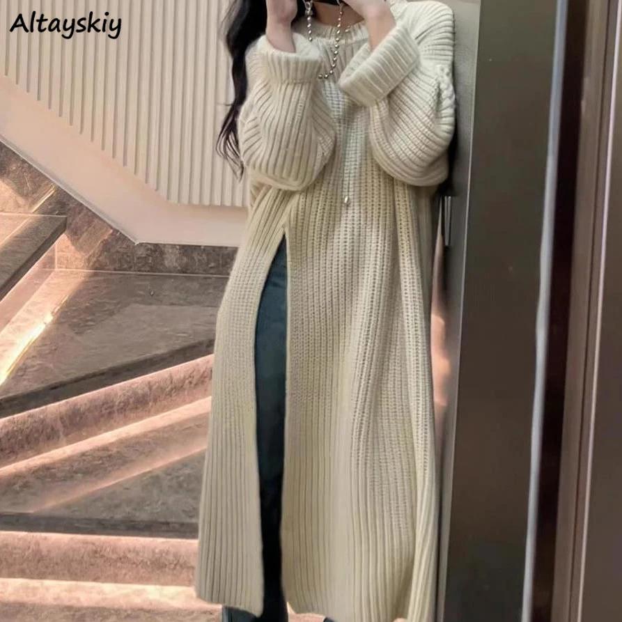 

Knitted Dresses Women Korean Fashion Winter Warm Midi Autumn Newest Long Sleeve Side Slit Straight Baggy High Street Ins