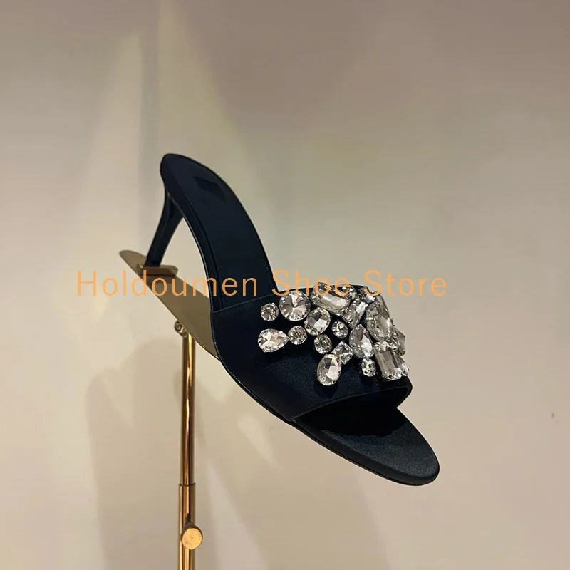 Women's Black Satin Gorgeous Diamond Decor Peep Toe Slippers Summer Sexy Slip On Stiletto Slippers Wedding Evening Dress Shoes