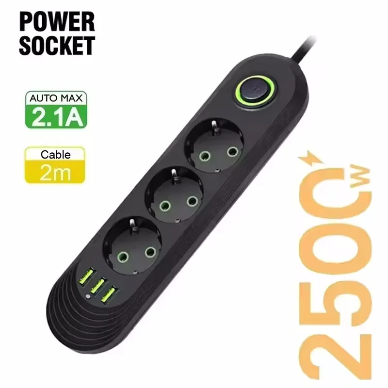 2500W EU-stekker AC-stopcontact Multiprise Stekkerdoos 2m Verlengsnoer Elektrische aansluiting Netwerkfilter met USB-poorten Snel opladen