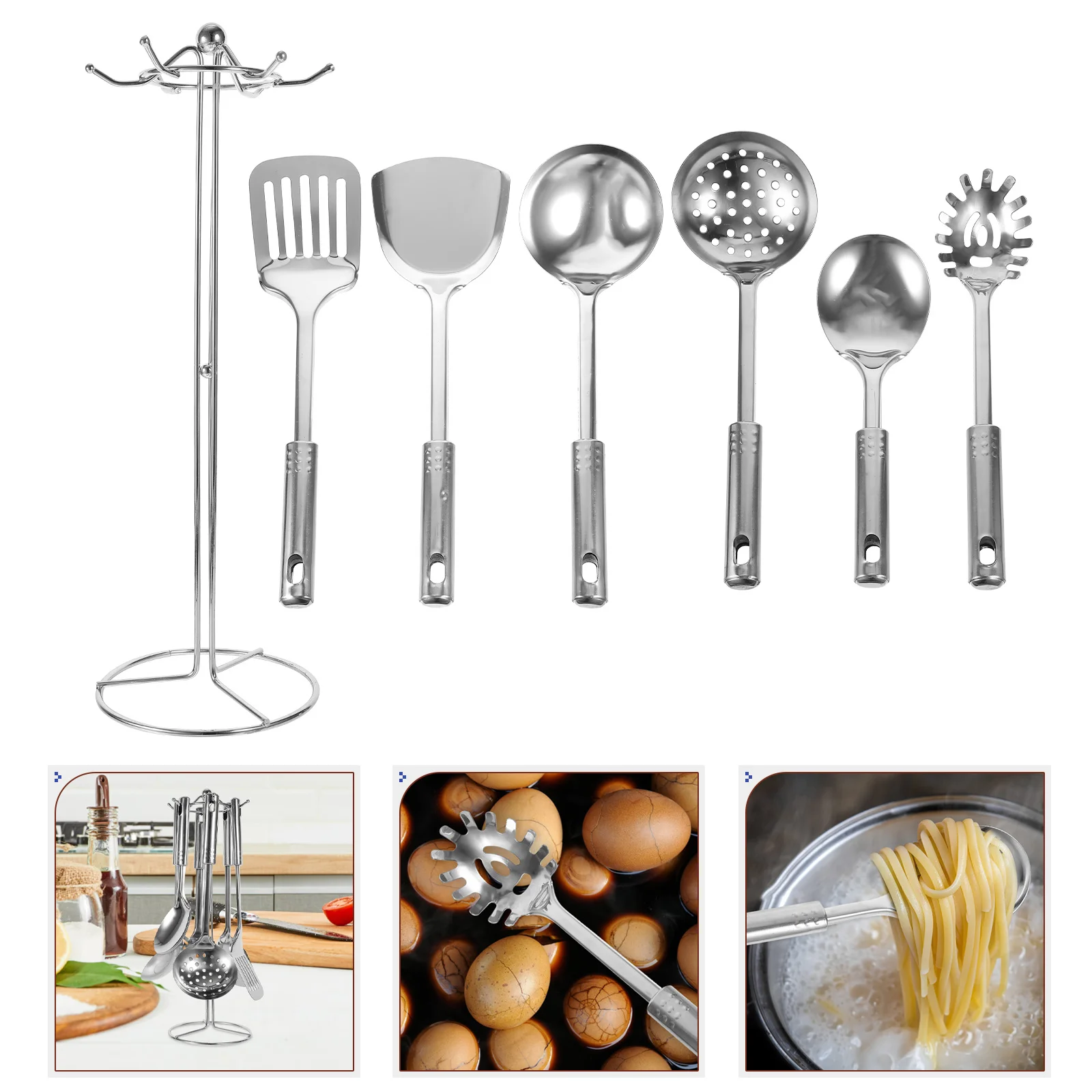 

6pcs Stainless Steel Cooking Utensil Set Kitchen Tools For Home Hotel Restaurant Cookware With Storage Rack
