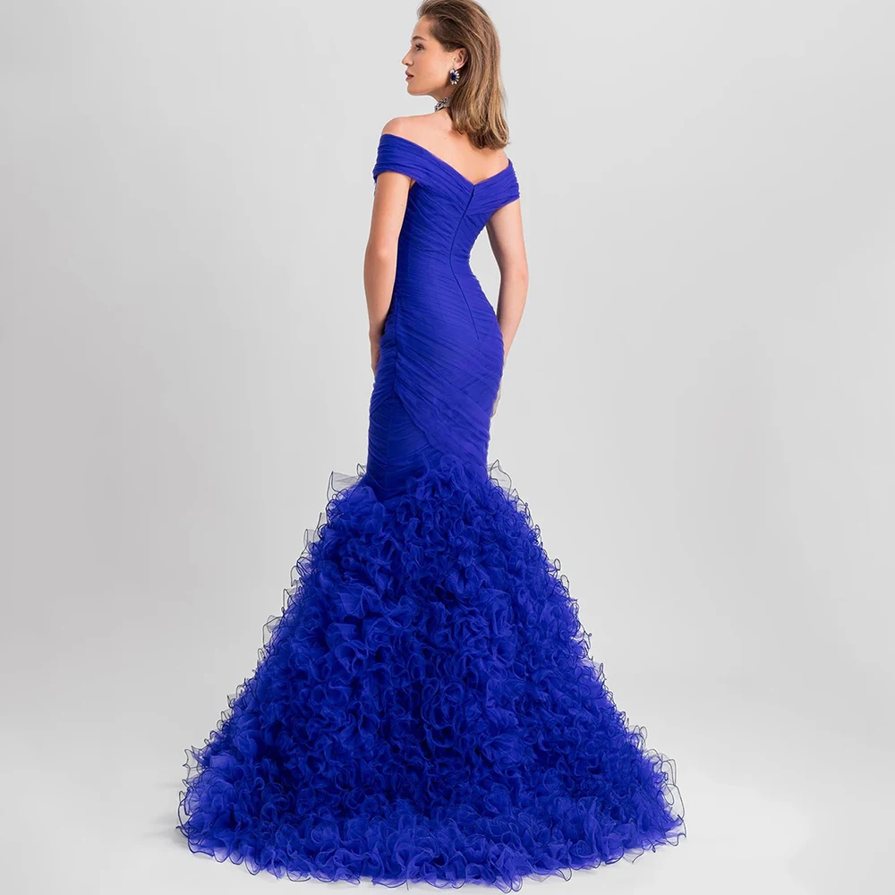 Vestido de noche largo hasta el suelo de sirena azul real con cuello en V y hombros descubiertos plisado y volantes vestidos formales de fiesta personalizados para mujer