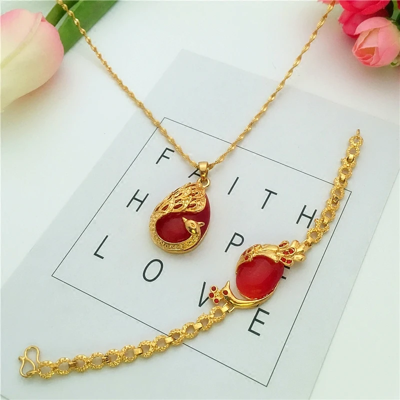 Japanese and Korean Style 24K Gold Plated Peacock Bracelet Women's Cat's Eye Peacock Necklace Pendant Bridal Wedding Decoration