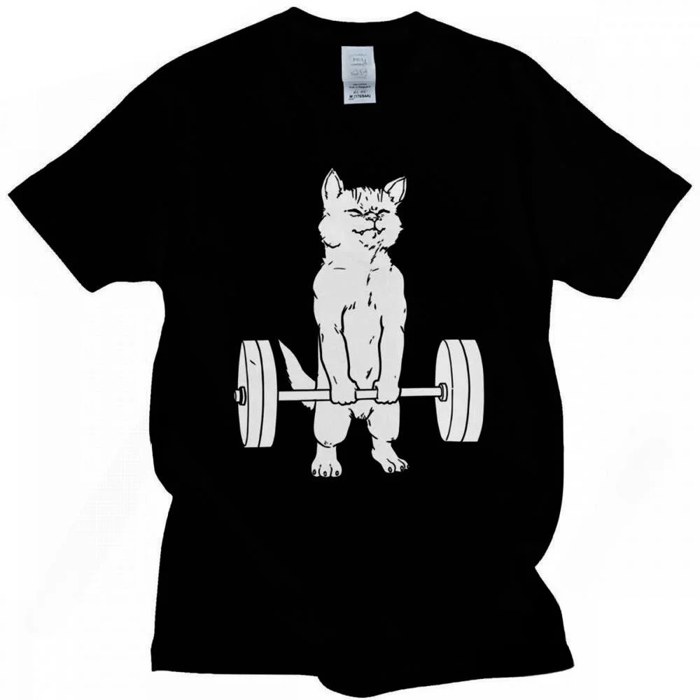 Fashion Mens Funny Powerlifting Cat T Shirt Deadlift Lifting T-Shirt Soft Fabric Crewneck Cotton Tshirt Summer Tee Tops Clothes