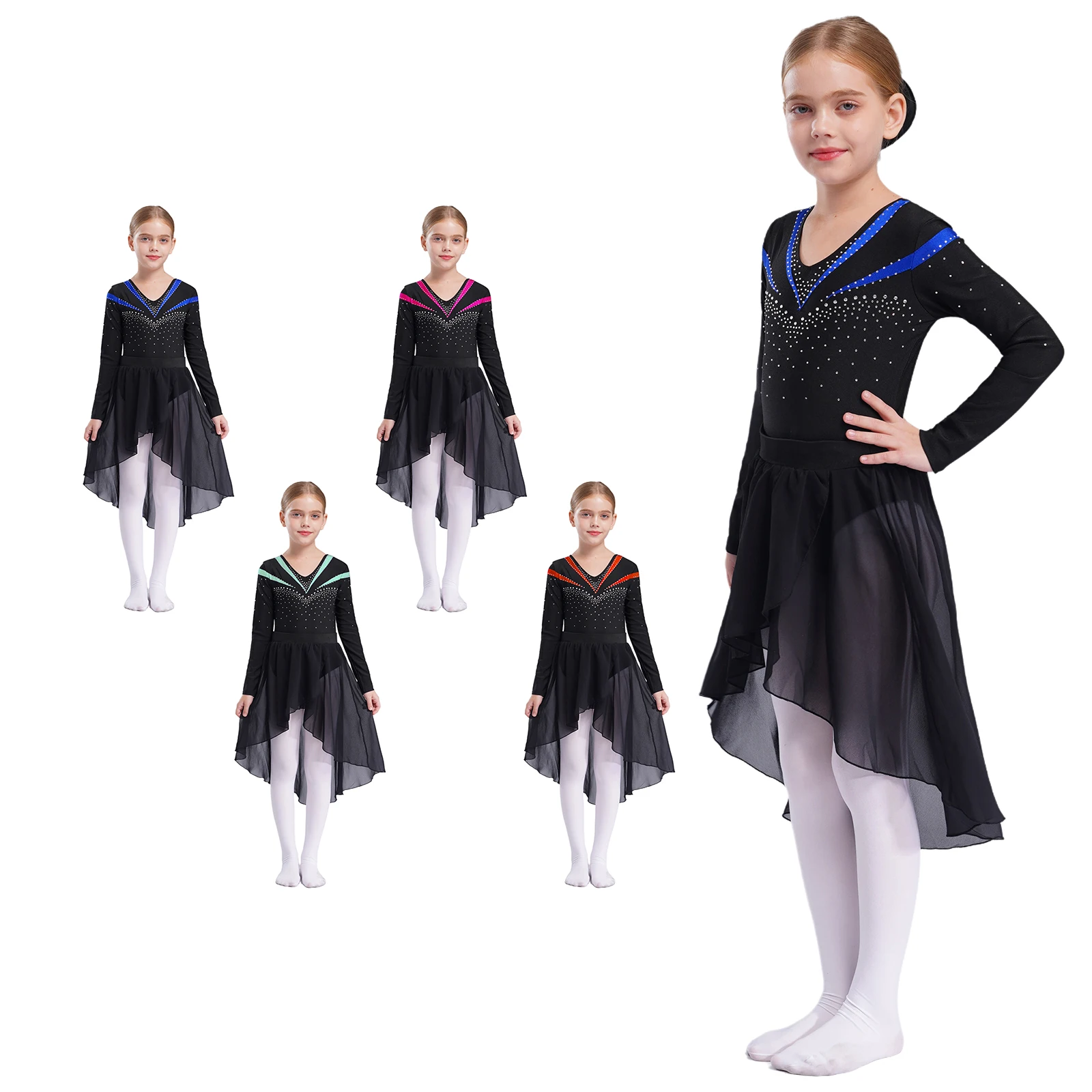 أطفال بنات غنائية الحديثة ملابس رقص الشكل التزلج الجمباز الزي في سن المراهقة أكمام حجر الراين المحاصيل القمم والتنانير الشيفون