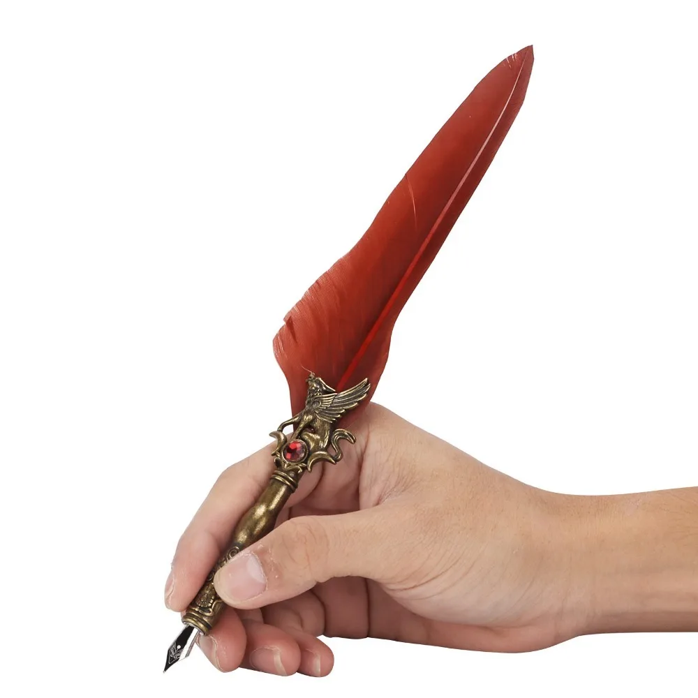Stainless Steel Feather Quill Carved Pattern Smooth Nib Dip Pen Retro Texture Feather Shaft Engraved Dip Pen Signature Writing