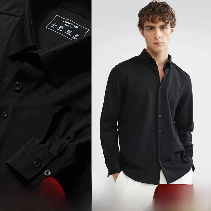 

High Elasticity Anti-Wrinkle Drapey Acetate Blend Long Sleeve Men's Business Casual Commute Shirt Standard Fit Polyester Blend