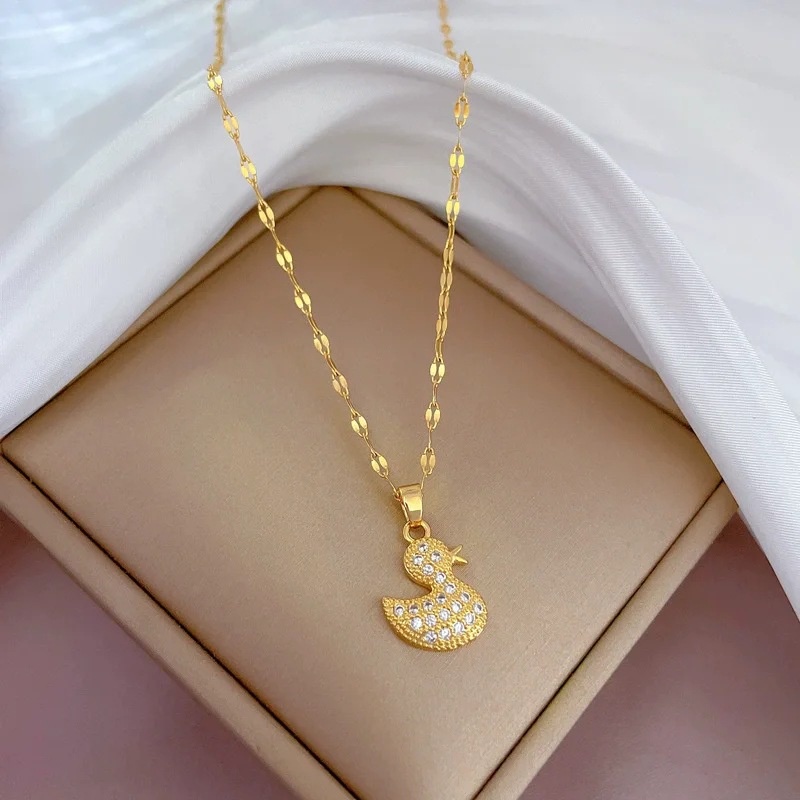 EILIECK 316L Edelstahl, stilvolle Halskette mit Zirkonia-Kristall und niedlichem Enten-Anhänger für Damen, wasserdicht, goldfarben, modischer Schmuck, Geschenk.