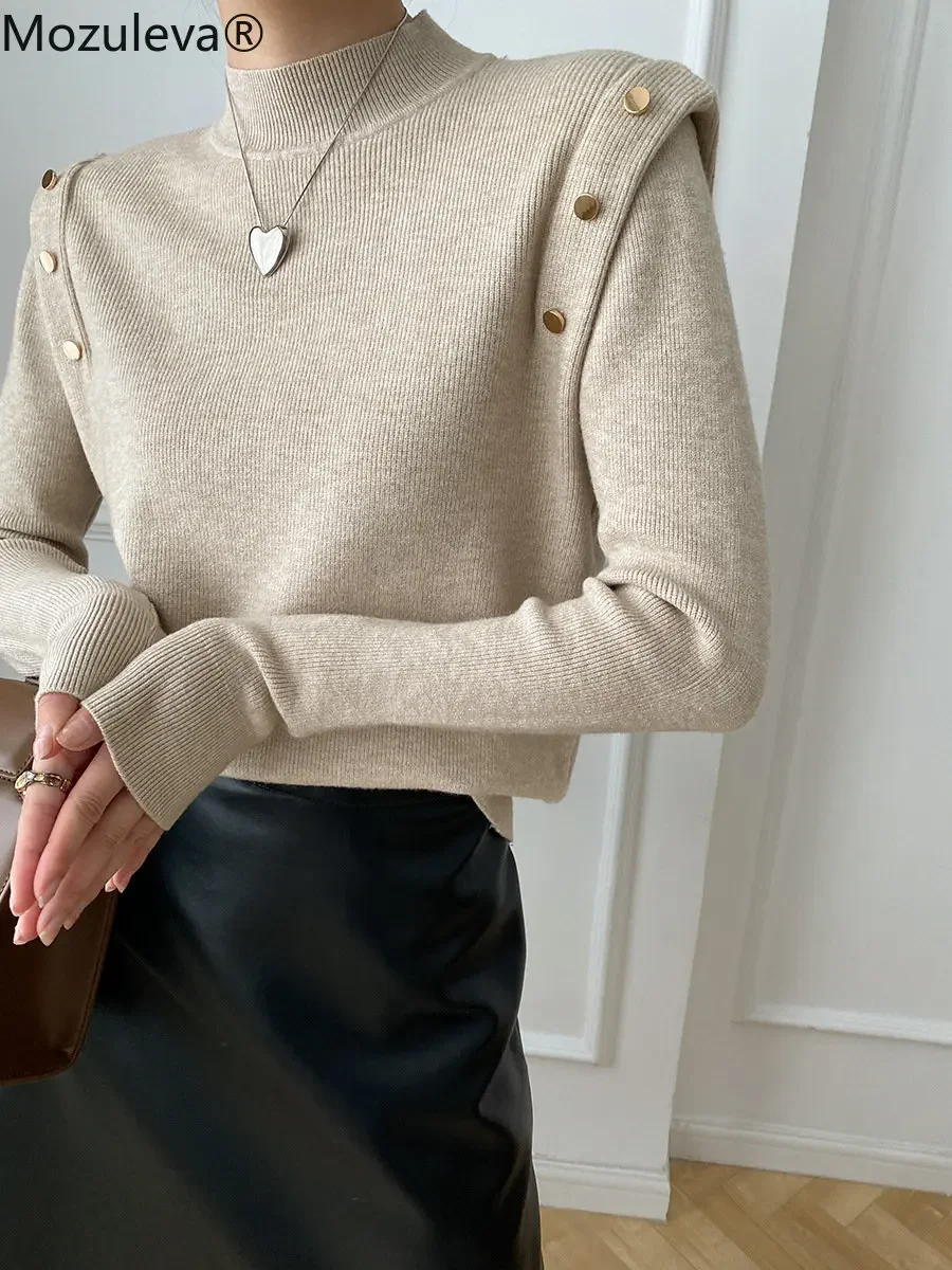 Mozuleva Korean Style Mock Neck Knitting Bottoming Warm Sweaters Button Design Autumn Winter Women\'s Pullovers Tops 2022