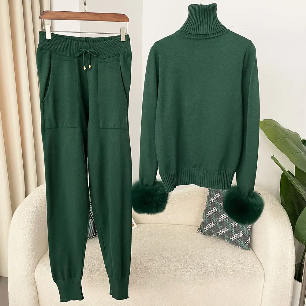 Długie spodnie Zestaw Kurtka Sweter 2024 Nowa moda Jesień Zima Sweter z dzianiny Kobiety Gruby Ciepły Prawdziwe futro lisa Płaszcz damski