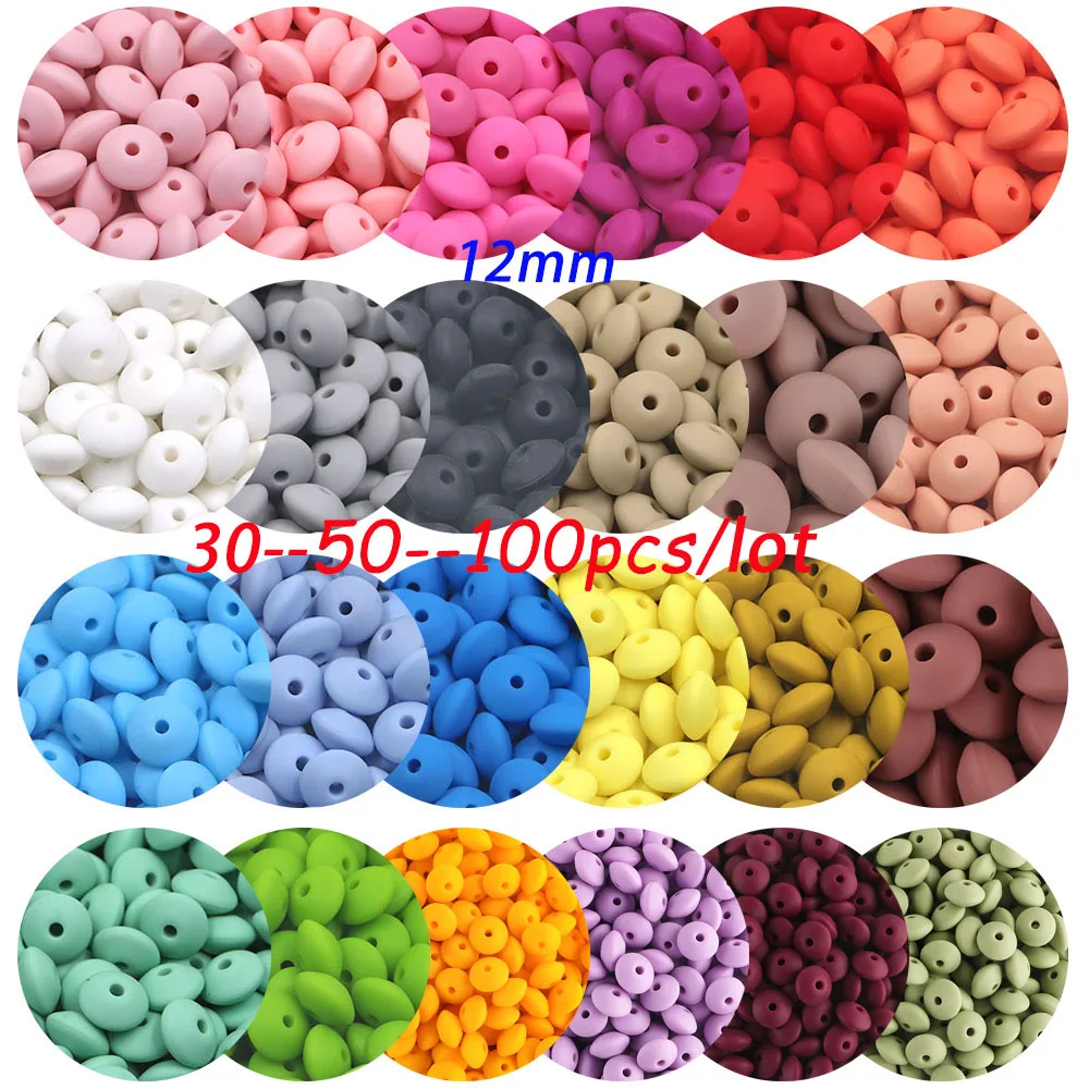 Silicone Lentilha Loose Spacing Beads, Contas de Ábaco para Fazer Jóias, DIY Chupeta, Pulseira Cadeia, Colar, 12mm, 30 Pcs, 50 Pcs, 100Pcs