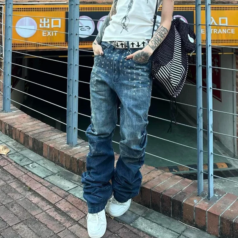 

2026 Spring Women American Vibe Washed Distressed Rivet Curved Blade Jeans Y2K Streetwear Slim Fit Draped Stacked Denim Pants