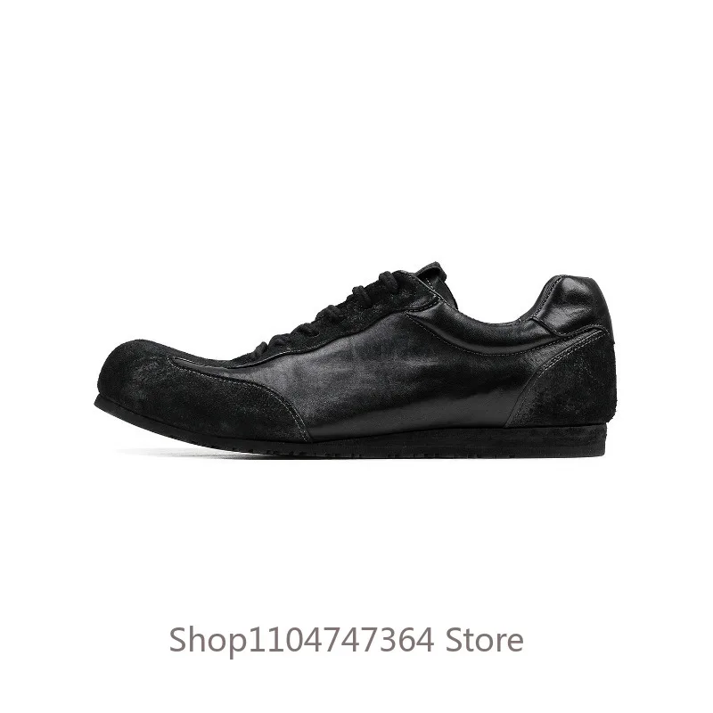 Handmade Genuine Leather High-end Retro Casual Work Shoes Men's Sneakers Black Washed Cowhide Suede Lace‑Up Casual Shoes Male
