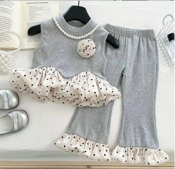 2025 Girls' Clothing Sets  Summer French Style Children's Lace Chest Flower Sleeveless Vest+ Leggings Two-piece Set