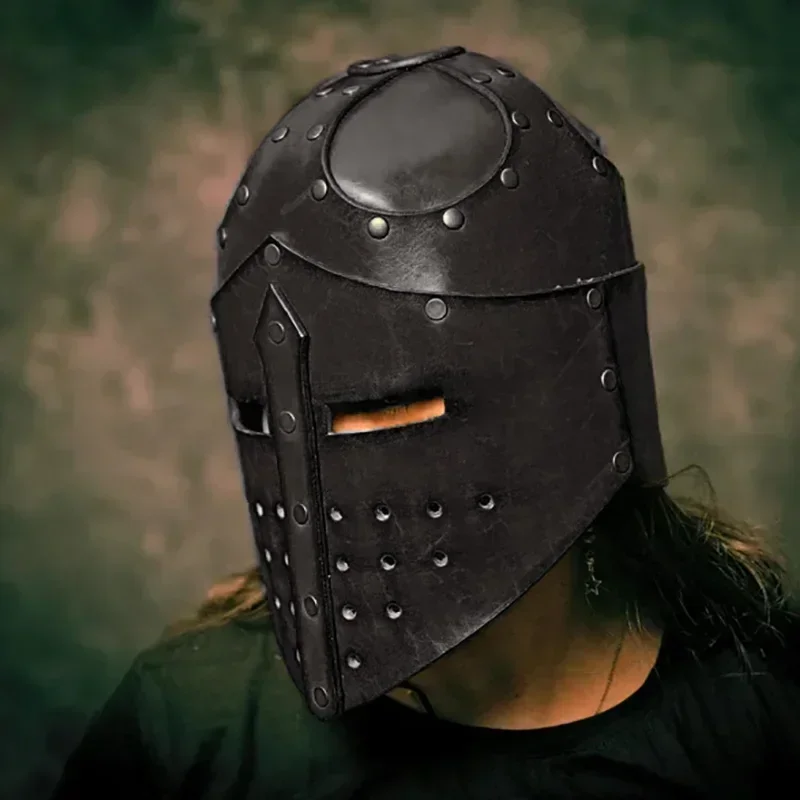 

Medieval Armor Knight Crusader Helmet Pirate Warrior Leather Mask Hat Soldier Cosplay Costume Head LARP Carnival Dress Up Party