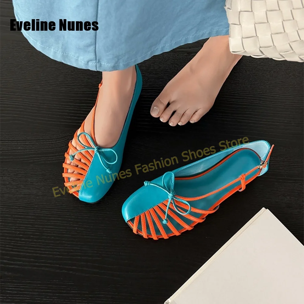 Women Blue Orange Cutout Pumps Square Toe Chunky Heels Bow Ankle Buckle Retro Summer Beach Daily Casual Sandals 2026 New Arrival - view 2