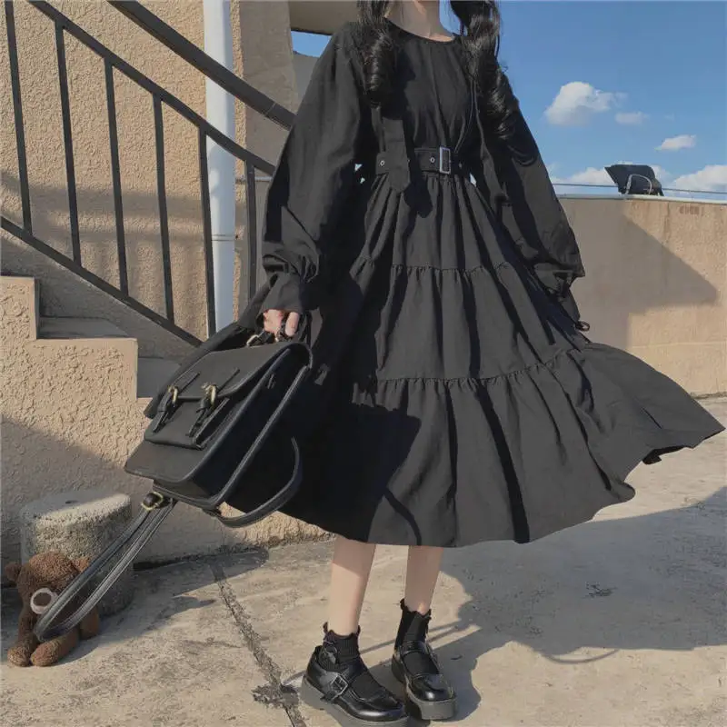 Women Solid Ruffles Japanese Style Gothic Chic Long Sleeve Dress Lolita All-match Simple Solid O-neck Elegant Harajuku Mid-calf