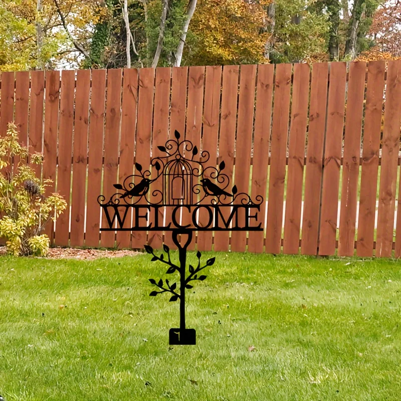 2D 1pc Rustic Metal Welcome Bird Sign - Farmhouse Outdoor Wall Art with Birdcage Design for Yard, Fence, or Lawn Decoration