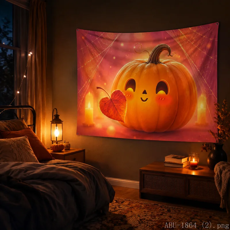 VIKAMA Evil Pumpkin Halloween Tapestry Flame Swirl Autumn Maple Wall Hanging for Living Room Home Decor