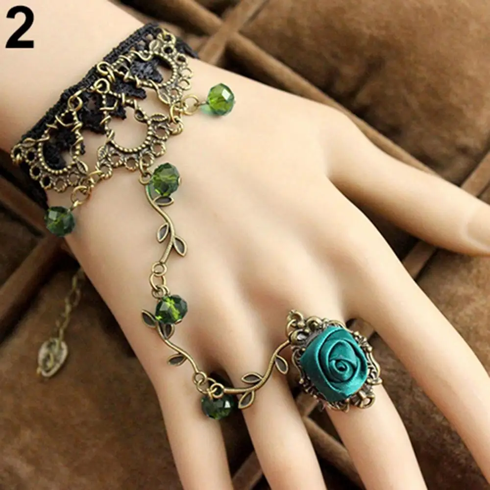 Retro Gothic Women Lace Flower Hand Slave Harness Bracelet Chain Ring Jewelry