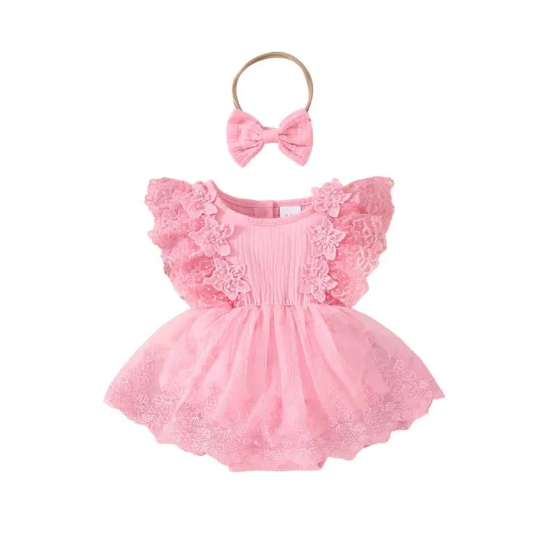 

Newborn Baby Clothing Girl Outfits 0-18 Months Summer Sleeveless Lace Bodysuit Mesh Skirts with Headband Baby Girl Clothes