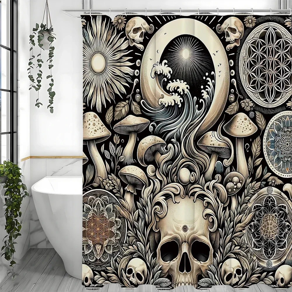 

Готический грибной череп и мандала узор таинственная иллюстрация занавеска для душа, декоративная занавеска для душа в ванной комнате, водонепроницаемая