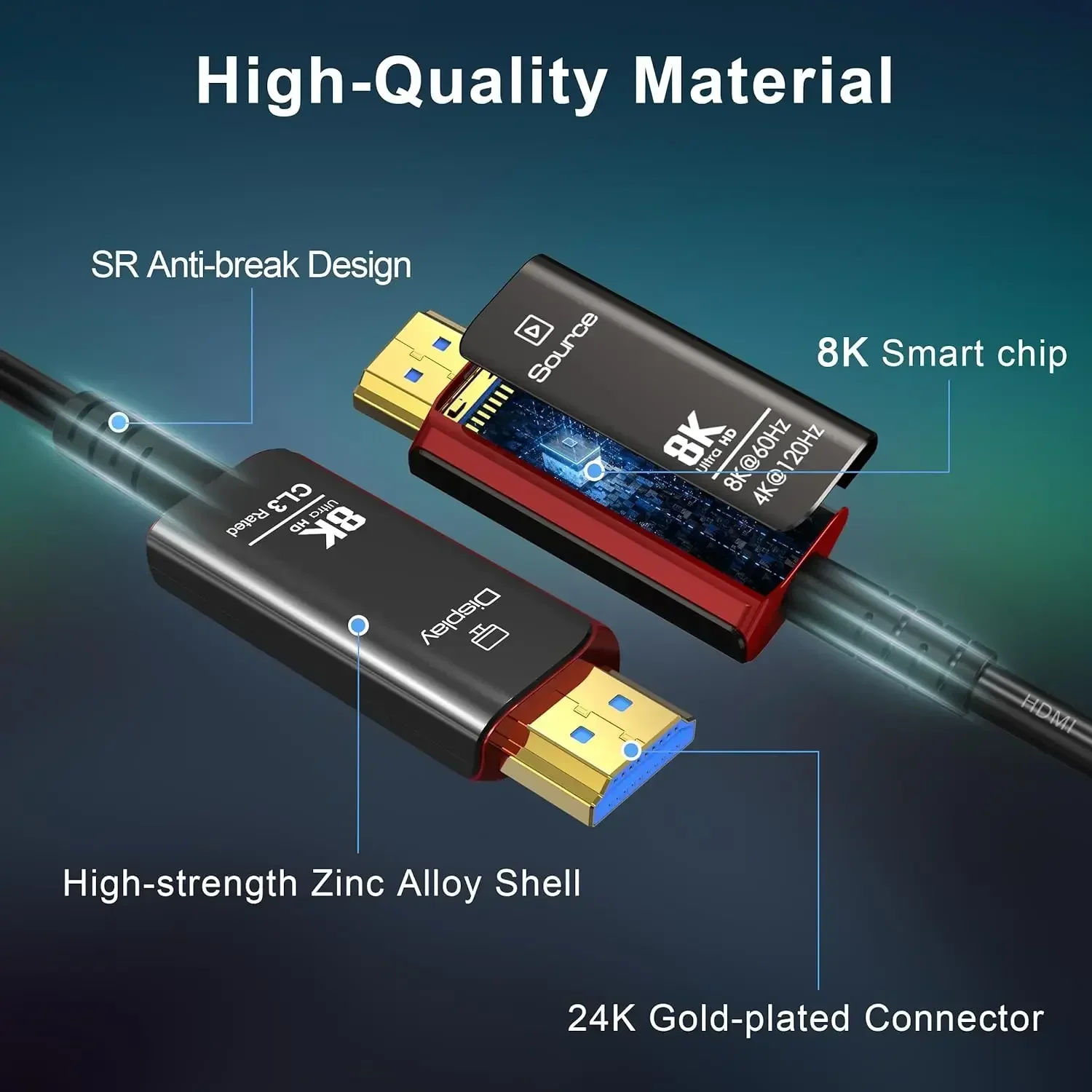 CYANMI 8K HDMI 2.1 Fiber Optic Cable 8K@60Hz 4K@120Hz, 48Gbps High Speed HDMI Cable for Roku TV PS5 Xbox RTX3080 3090