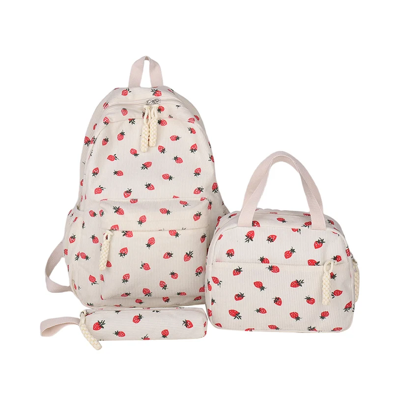 Three-Piece Corduroy Cute Backpack with Lunch Bag & Pencil Case Kawaii Backpack Large Capacity Simple Backpack Set Trip Backpack