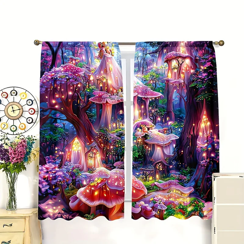 2PC Glowing Fairy Mushroom Forest Sheer Curtains Enchanted Fantasy Cottage Print Window Drapes for Bedroom Children's Room Decor