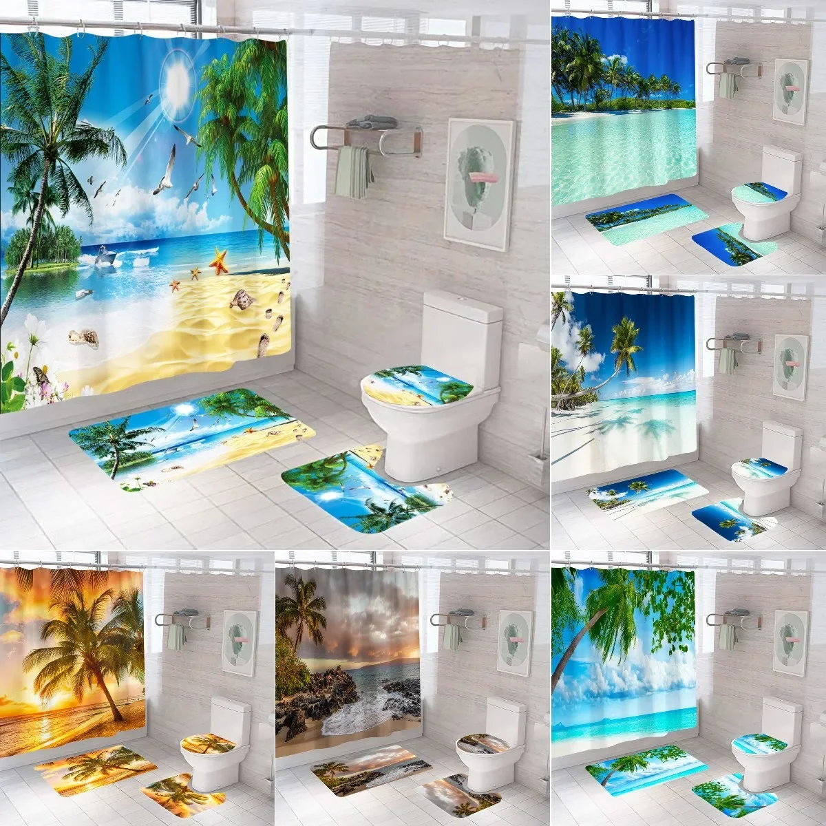 3D Seascape Beach Theme Shower Curtain Sets Toilet Cover Bath Mat Carpet Rugs Bathroom Drapes   Set with Hooks