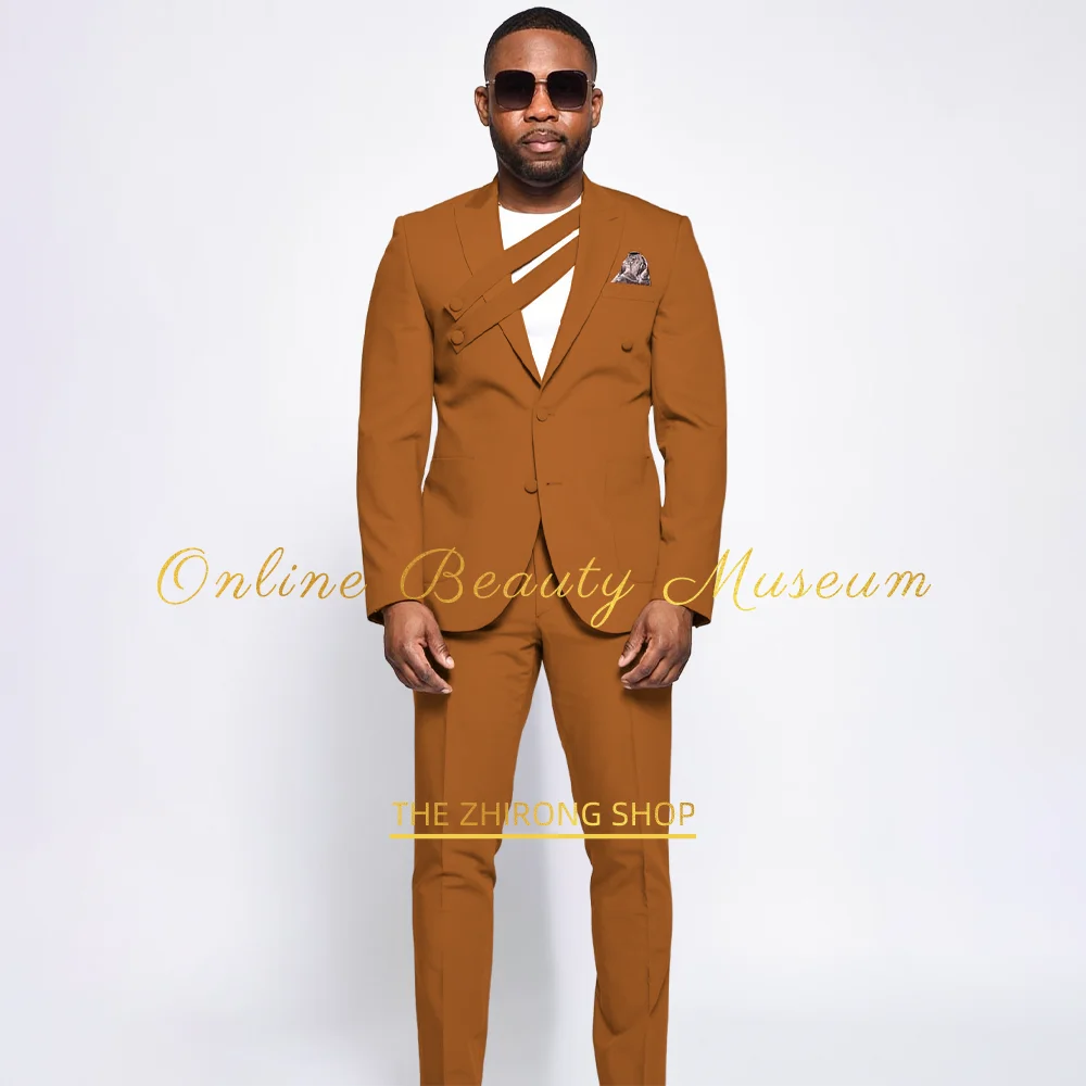 

Men's suit 2-piece set in tan, peak lapel single breasted blazer for wedding meeting birthday party, unique custom formal tuxedo