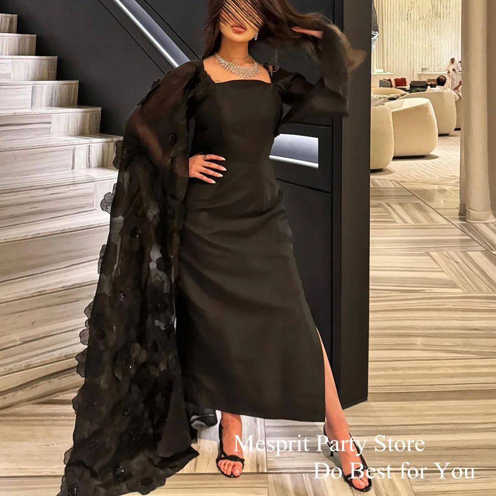 Saud Evening Dress Square Neck Long Sleeve Customized Black Prom Gown Side Slit Ankle Length Arabian Wedding Party Dresses