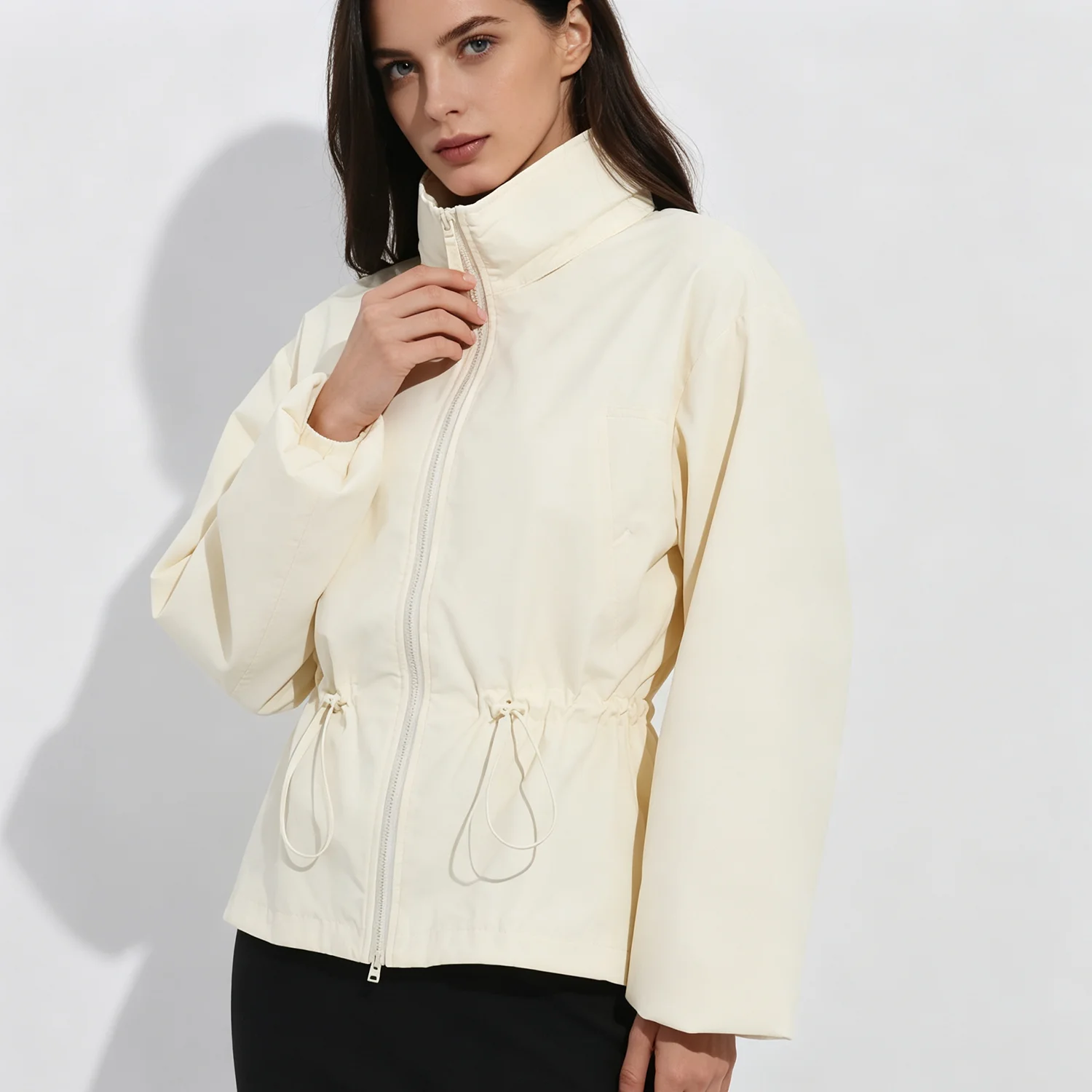 PUAL  Stand collar zip jacket, adjustable drawstring waist, lightweight minimalist casual outerwear for women daily outfit.