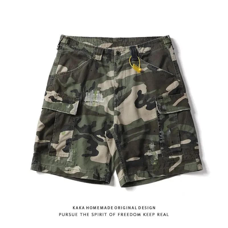 Japanese Retro Youth Heavyweight Destroyed Patchwork Camo Splatter Denim Cargo Shorts Summer Multi-Pocket 5