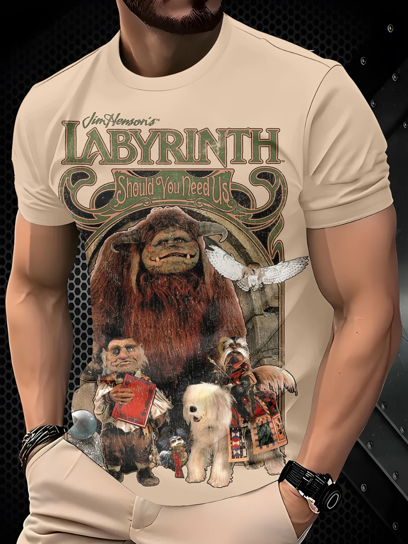 Men Crew Neck Tee With Vintage Framed Mythical Creature Art Decor Print