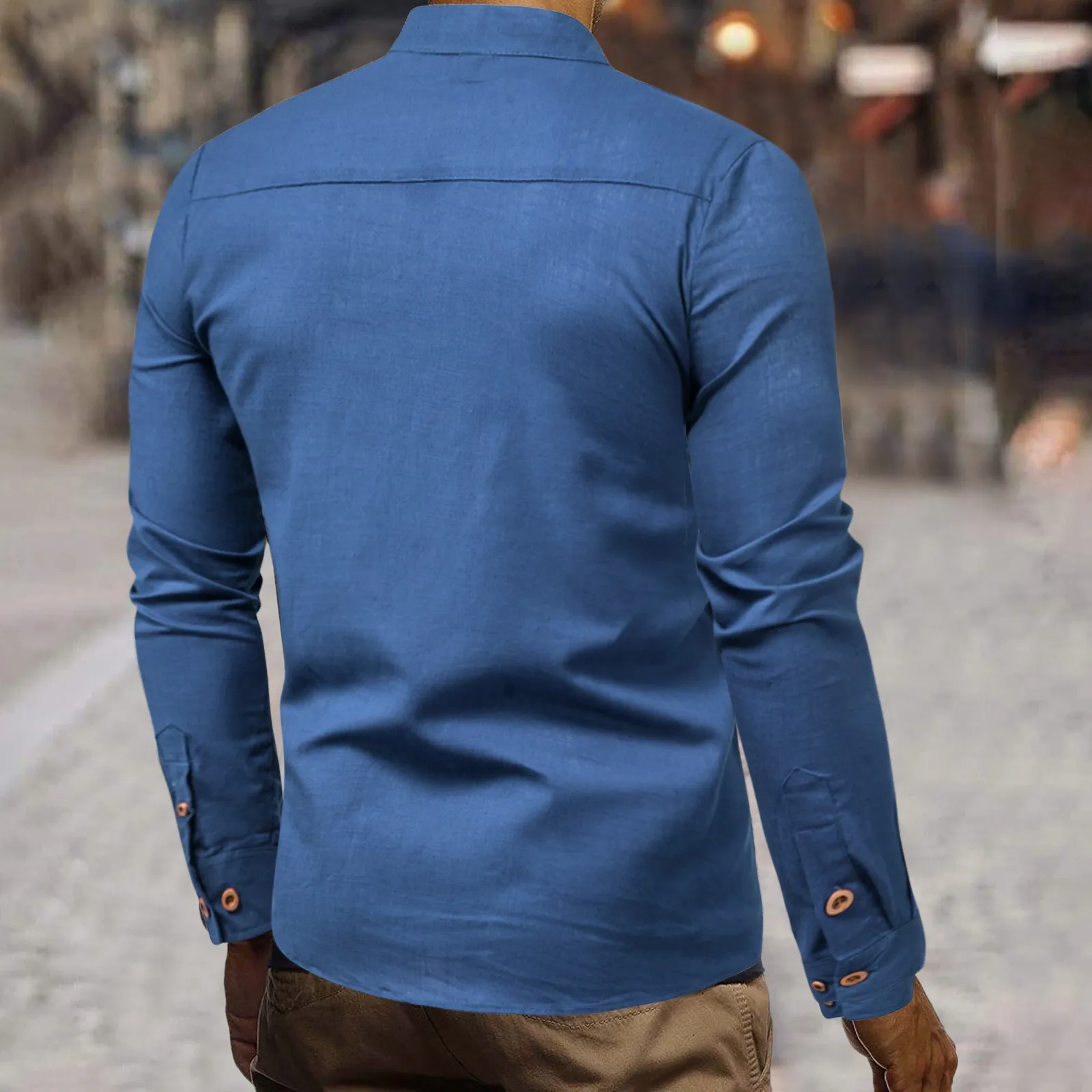 Spring Autumn Male Blouse Long-Sleeved Shirts Solid Color Stand-Up Collar Casual Shirt With Button Elegant Business Tops