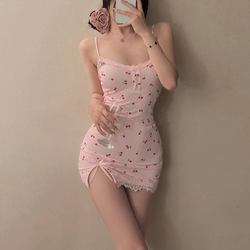 Summer Cherry Pattern Printed Nightgown Suspender Pink Women's Sleep Dress