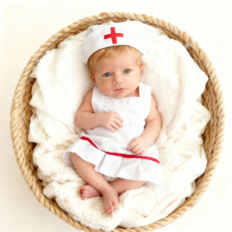 

2Pcs Newborn Photography Props Infants Nurse Hat Cosplay Set White Nurse Hat Nurse Skirt for Studio Baby Girl Photoshoot Decar